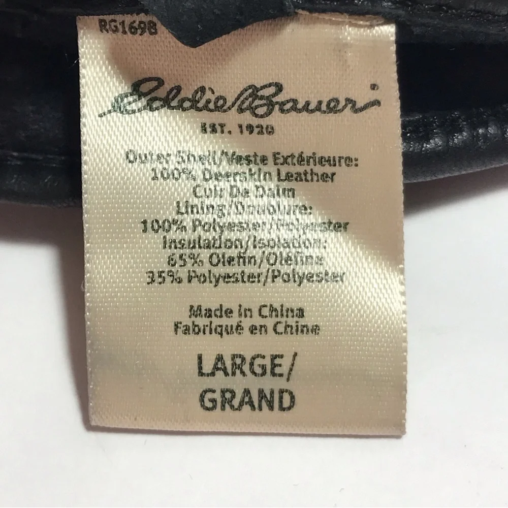 Eddie Bauer Black Leather Fleece Lined Gloves Size L